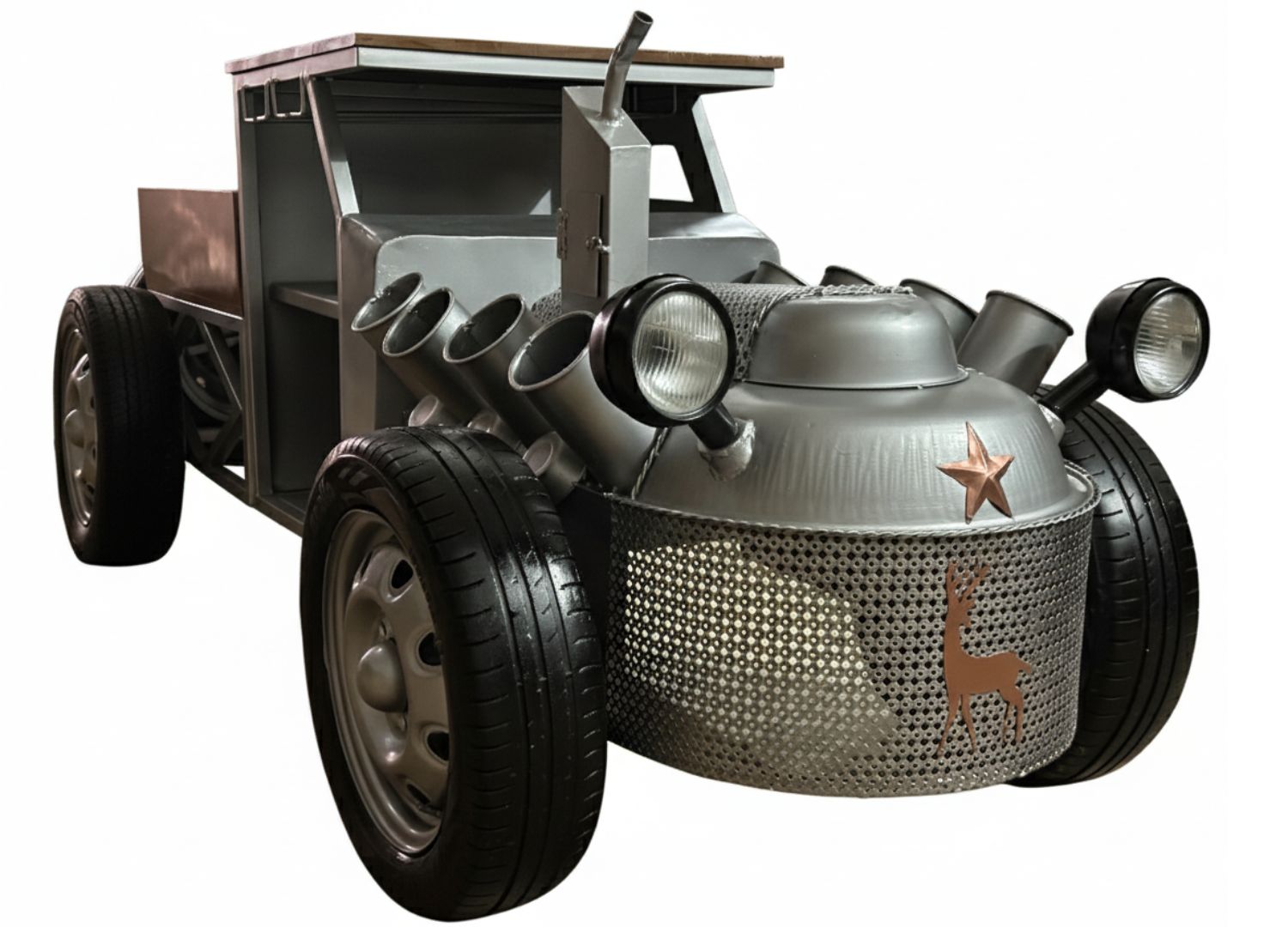 Metallic, retro-style vehicle with a star and deer design on a white background