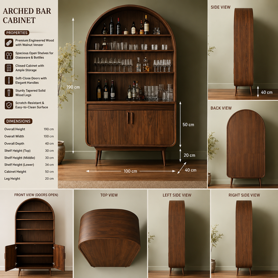 Arched Bar Cabinet with Open Shelves & Storage Cabinet