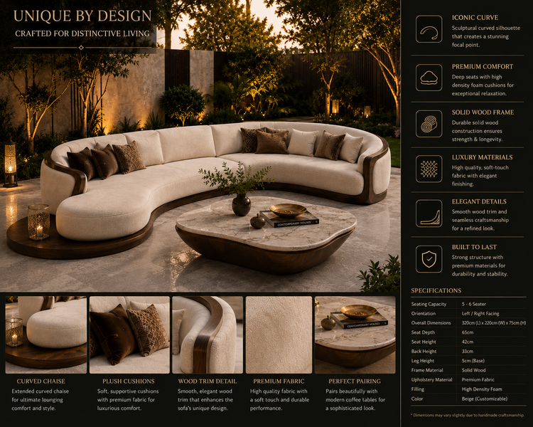 Outdoor living space with a curved sofa, coffee table, and decorative elements.