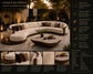 Outdoor living space with a curved sofa, coffee table, and decorative elements.