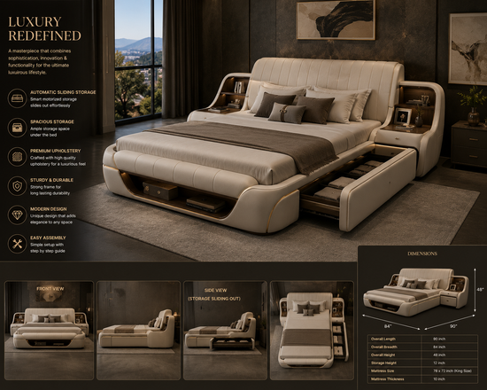 Designer King Bed with Sliding Storage and Shelves