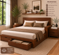 Modern Wooden Double Bed with Storage Drawers & Armrest