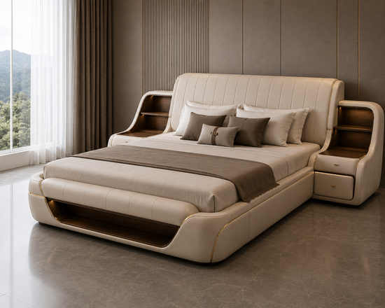 Designer King Bed with Sliding Storage and Shelves