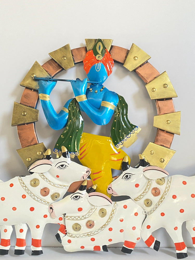 Elegant design of Radhe Krishna Metal Wall Art with flute