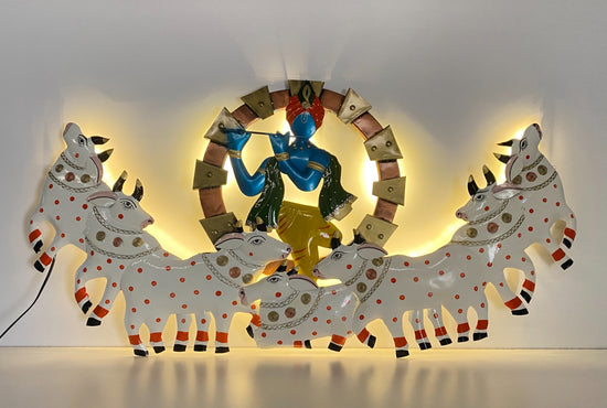 Elegant design of Radhe Krishna Metal Wall Art with flute