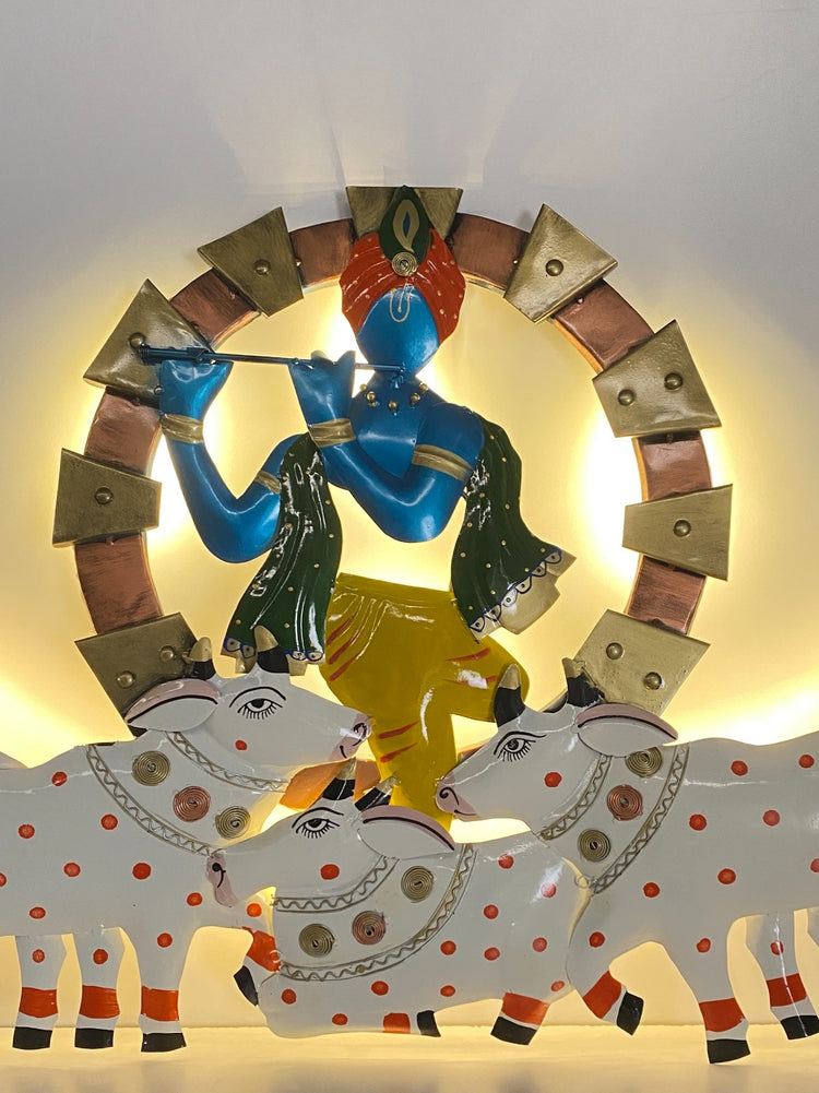 Elegant design of Radhe Krishna Metal Wall Art with flute