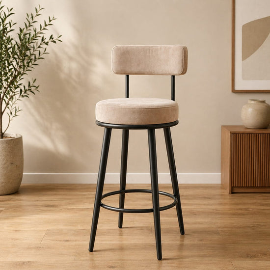 Modern Beige Suede Bar Stool - Industrial Swivel Chair with Backrest