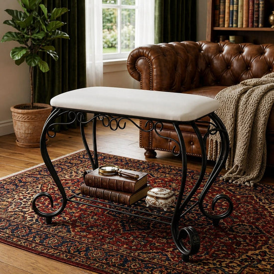 Vintage black Metal Vanity Bench - Padded White Entryway Shoe Stool
