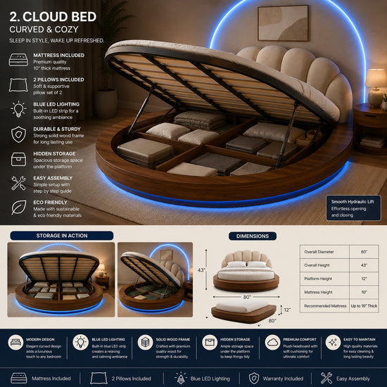 Designer Cloud Bed with Storage and Foam Pillows