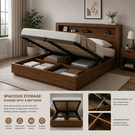 Luxury Queen Size Bed with Storage & LED Lights