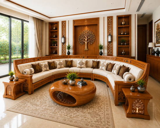 Luxury L-Shape Wooden Sofa Set with LED Lighting