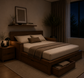 Modern Wooden Double Bed with Storage Drawers & Armrest