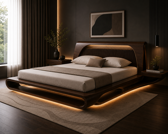 Modern Curved Wooden Bed with Floating Platform