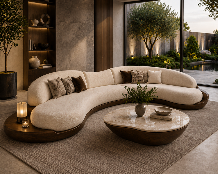 Modern living room with a curved beige sofa, round coffee table, and decorative elements.
