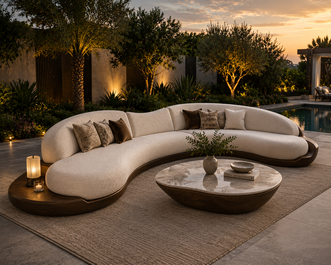 Modern outdoor sofa with decorative pillows and a coffee table in a garden setting during sunset.