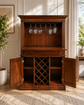 Solid Wood & Veneer Home Bar Cabinet with Pull-Out Serving Shelf