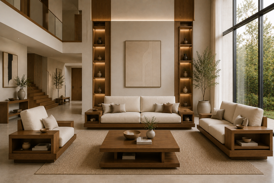 Modern living room with beige sofas, wooden coffee table, and shelves.