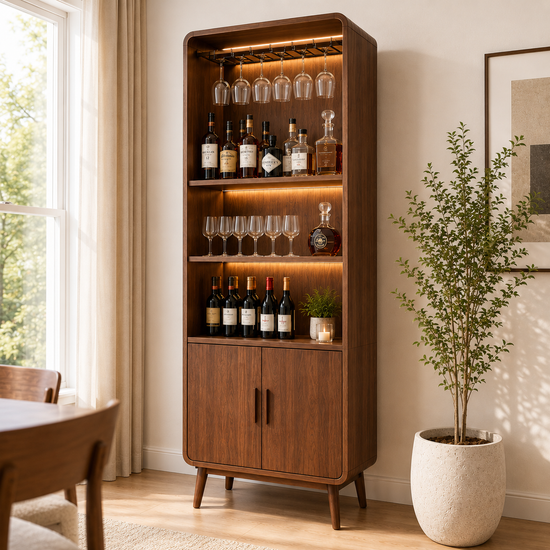Tall Walnut Bar Cabinet with LED Shelves & Glass Holder
