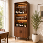Tall Walnut Bar Cabinet with LED Shelves & Glass Holder