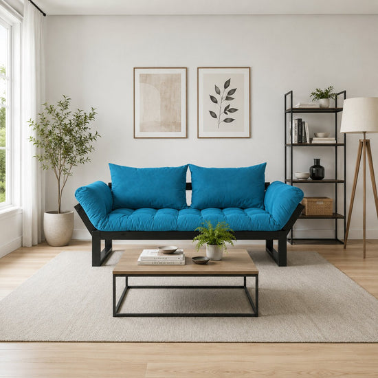 Modern Blue Futon Sofa Bed with Cushioned Seating