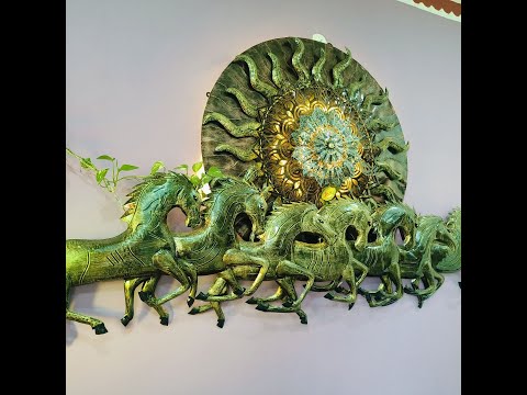 96 Inches Antique 7 Horses with Sun Metal Wall Art for Living Room. HANSART. This stunning 96 x 48 Inches (8 x 4 ft.) metal wall art features an intricate design of seven galloping horses, symbolizing strength, success, and prosperity, along with a radiant sun in the background.