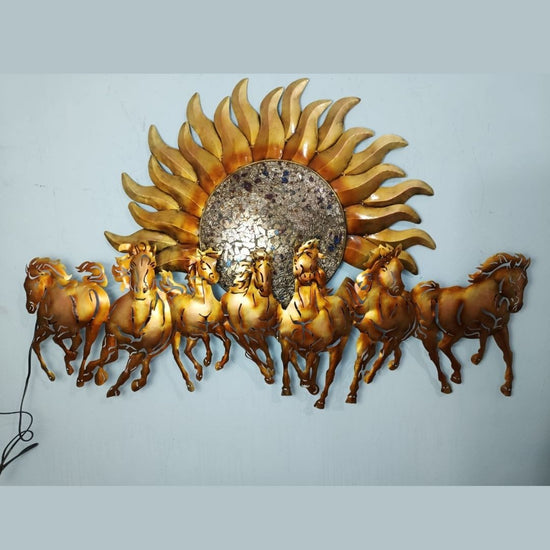 Beautifully crafted from premium-quality iron metal, this exquisite metal wall art features an elegant design of 7 horses with a sun in the center. This eye-catching piece is sure to bring a unique, stylish touch to any wall. Experience the beauty and power of 7 horses galloping in the sun with our stunning wall art. Crafted with anti-rust powder coating, this piece of art will remain vibrant and beautiful for years to come. Enjoy 42 x 27 inches of majestic elegance in your home